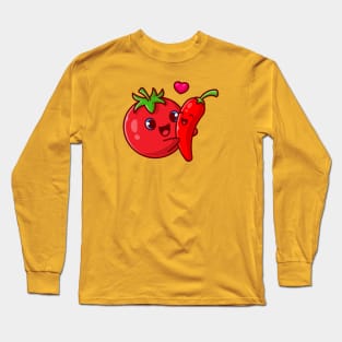 Cute Tomato Hug Chili Couple Cartoon Long Sleeve T-Shirt